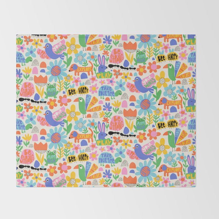 Playful Meadow Cute Animals with Motivational Affirmations - Bright Rainbow Throw Blanket Gallery Image 2