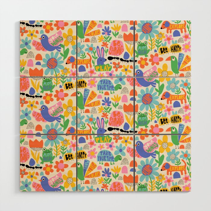 Playful Meadow Cute Animals with Motivational Affirmations - Bright Rainbow Wood Wall Art Gallery Image 1