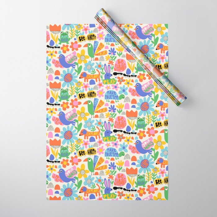 Playful Meadow Cute Animals with Motivational Affirmations - Bright Rainbow Wrapping Paper