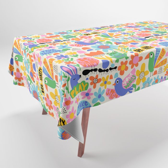 Playful Meadow Cute Animals with Motivational Affirmations - Bright Rainbow Tablecloth Gallery Image 1