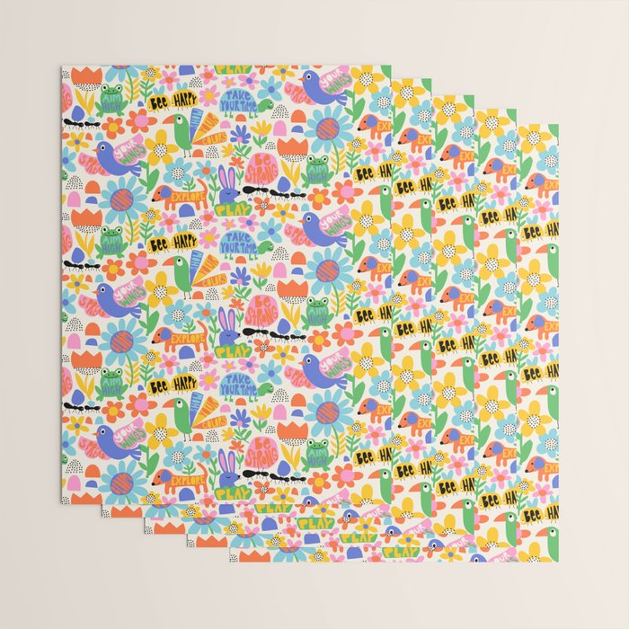 Playful Meadow Cute Animals with Motivational Affirmations - Bright Rainbow Wrapping Paper Gallery Image 3