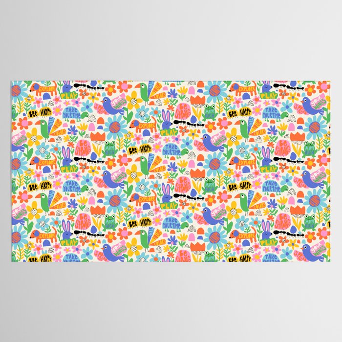 Playful Meadow Cute Animals with Motivational Affirmations - Bright Rainbow Tablecloth Gallery Image 2