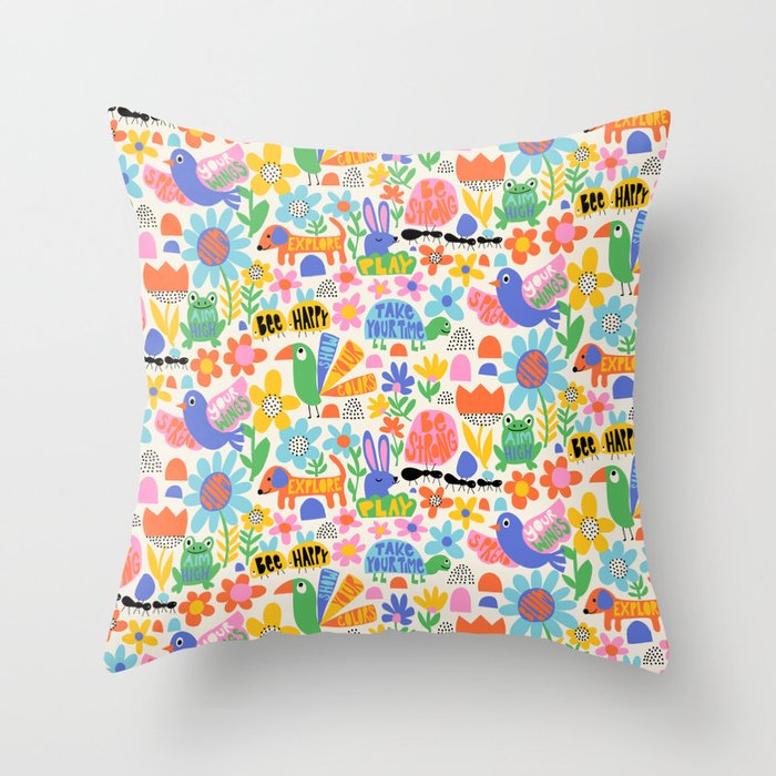 Playful Meadow Cute Animals with Motivational Affirmations - Bright Rainbow Throw Pillow Gallery Image 6