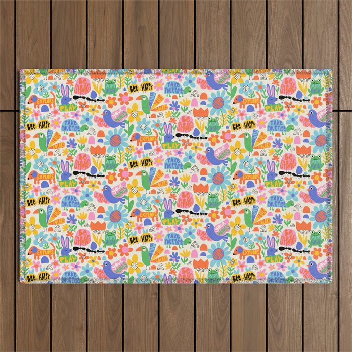 Playful Meadow Cute Animals with Motivational Affirmations - Bright Rainbow Outdoor Rug Gallery Image 1