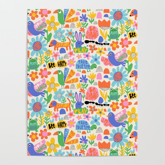 Playful Meadow Cute Animals with Motivational Affirmations - Bright Rainbow Poster Gallery Image 1