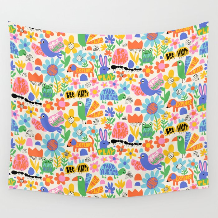 Playful Meadow Cute Animals with Motivational Affirmations - Bright Rainbow Wall Tapestry
