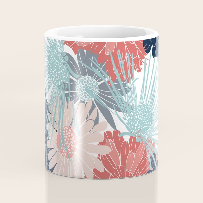 Summer Floral Garden, Coral, Teal and Blue Coffee Mug Gallery Image 4