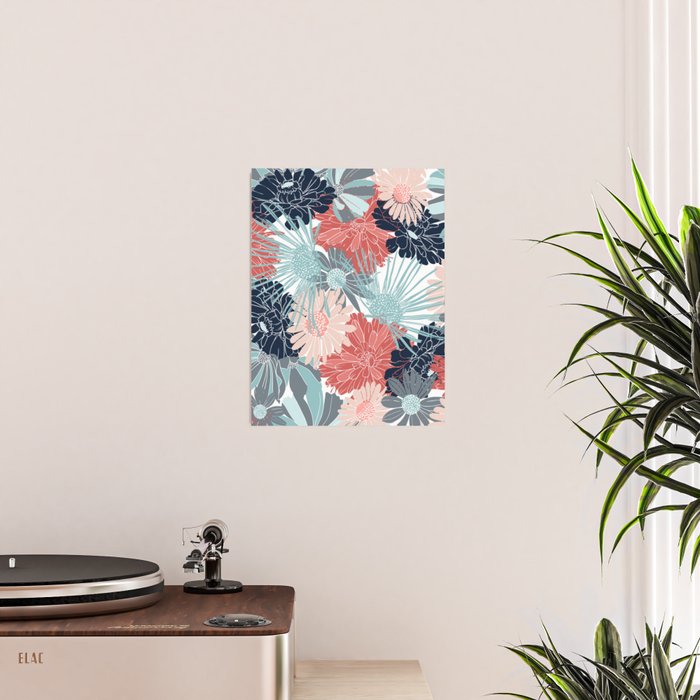 Summer Floral Garden, Coral, Teal and Blue Poster Gallery Image 2