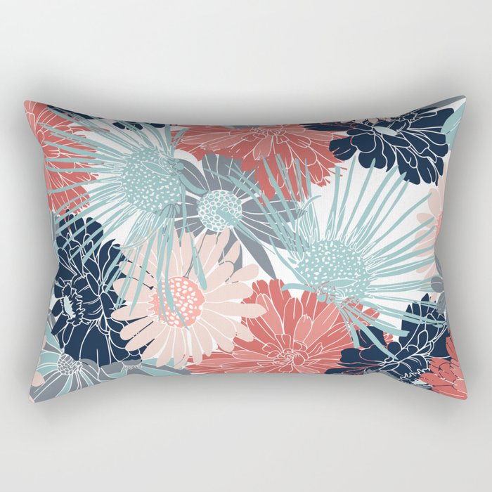 Summer Floral Garden, Coral, Teal and Blue Rectangular Pillow Gallery Image 2