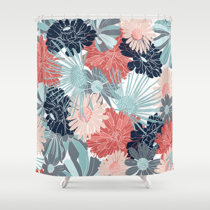Summer Floral Garden, Coral, Teal and Blue Shower Curtain Gallery Image 1