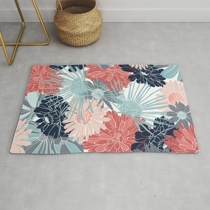 Summer Floral Garden, Coral, Teal and Blue Rug Gallery Image 1