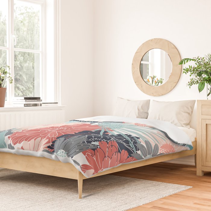 Summer Floral Garden, Coral, Teal and Blue Duvet Cover Gallery Image 2