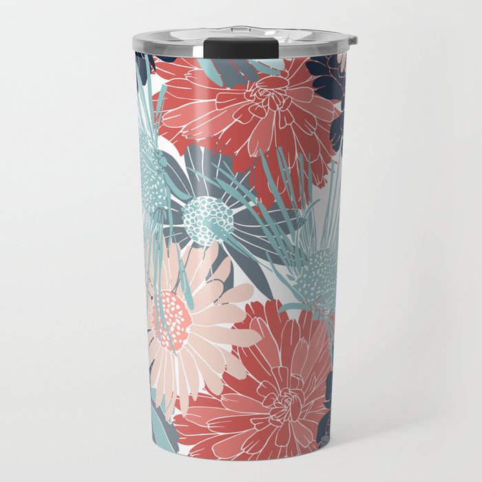 Summer Floral Garden, Coral, Teal and Blue Travel Mug Gallery Image 1