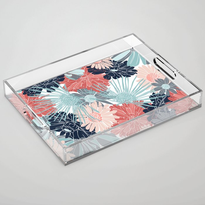 Summer Floral Garden, Coral, Teal and Blue Acrylic Tray Gallery Image 1