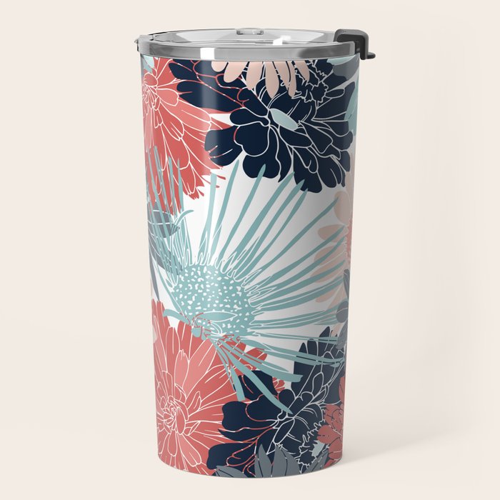 Summer Floral Garden, Coral, Teal and Blue Travel Mug Gallery Image 2