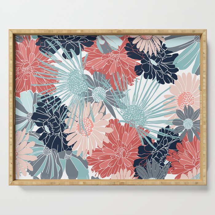Summer Floral Garden, Coral, Teal and Blue Serving Tray Gallery Image 1