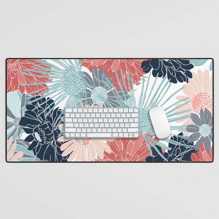 Summer Floral Garden, Coral, Teal and Blue Desk Mat Gallery Image 1