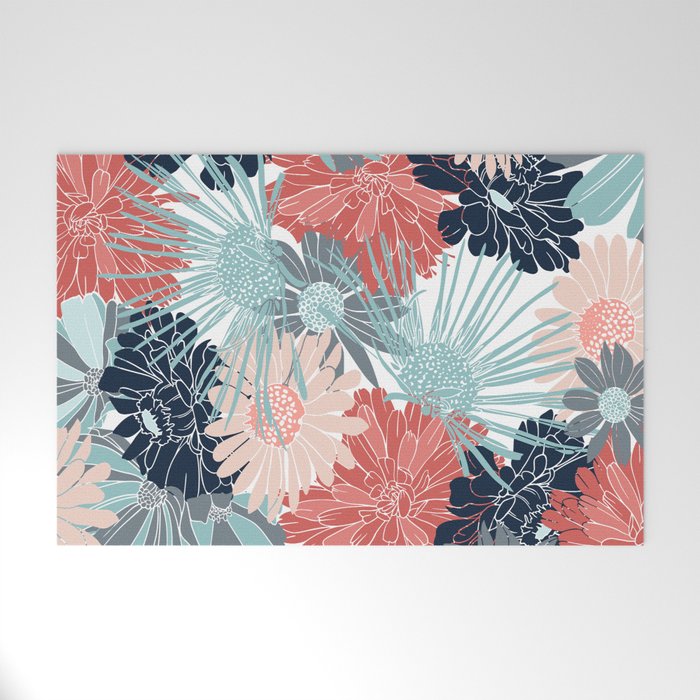 Summer Floral Garden, Coral, Teal and Blue Welcome Mat Gallery Image 1