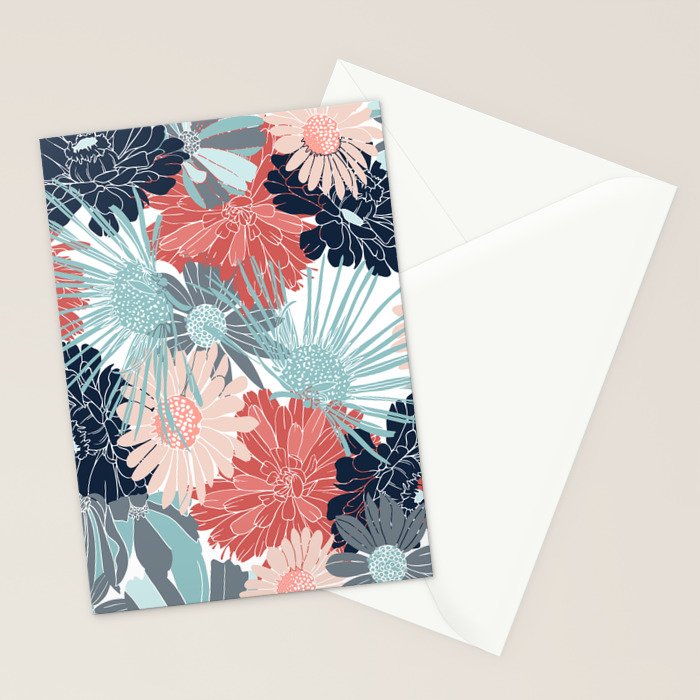 Summer Floral Garden, Coral, Teal and Blue Stationery Card Gallery Image 2