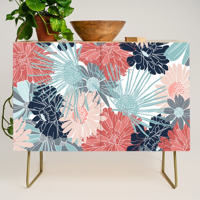 Summer Floral Garden, Coral, Teal and Blue Credenza Gallery Image 1