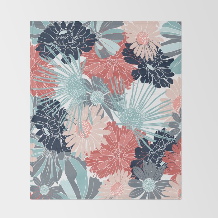 Summer Floral Garden, Coral, Teal and Blue Throw Blanket Gallery Image 2