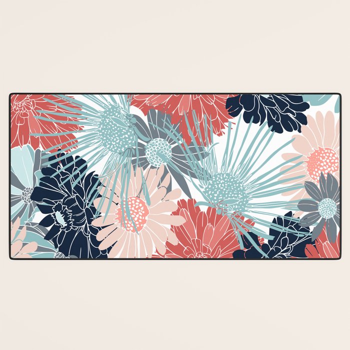 Summer Floral Garden, Coral, Teal and Blue Desk Mat Gallery Image 3