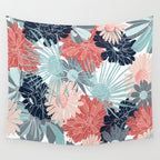 Summer Floral Garden, Coral, Teal and Blue Wall Tapestry Gallery Image 4