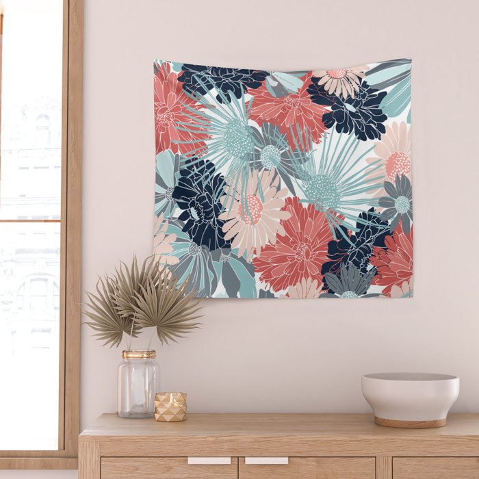 Summer Floral Garden, Coral, Teal and Blue Wall Tapestry Gallery Image 2