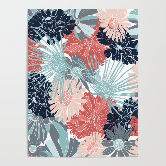 Summer Floral Garden, Coral, Teal and Blue Poster Gallery Image 4