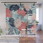 Summer Floral Garden, Coral, Teal and Blue Wall Mural Gallery Image 1
