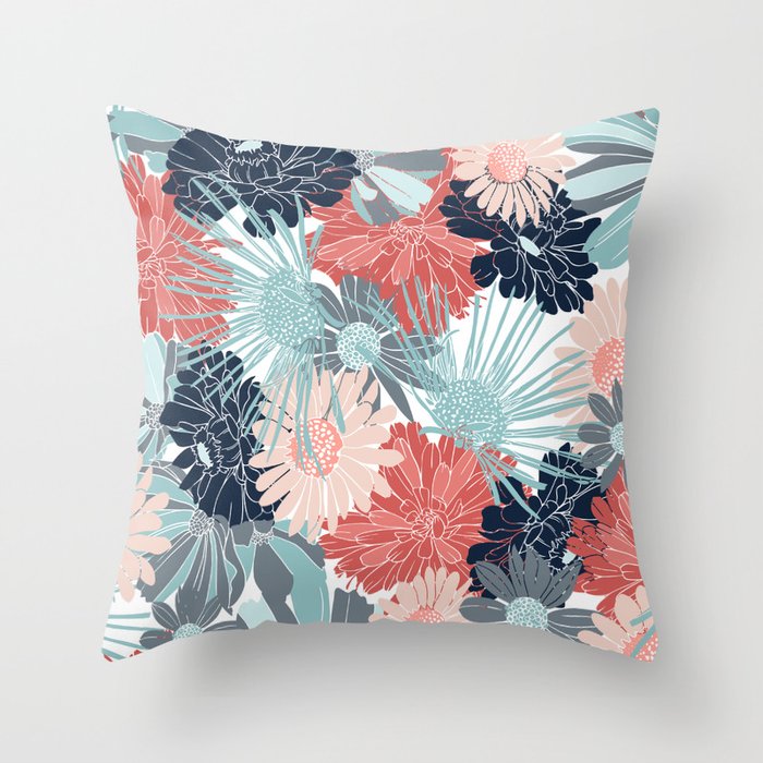 Summer Floral Garden, Coral, Teal and Blue Throw Pillow Gallery Image 6