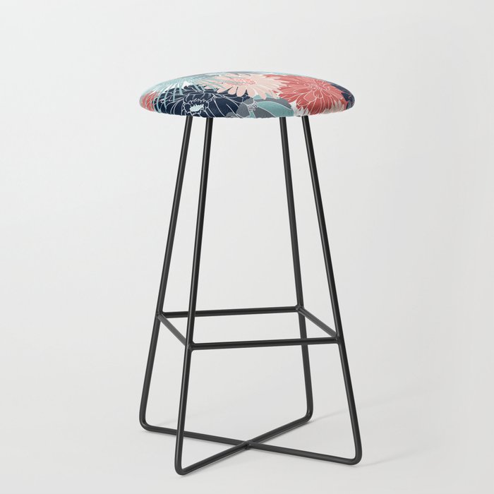 Summer Floral Garden, Coral, Teal and Blue Stool Gallery Image 1