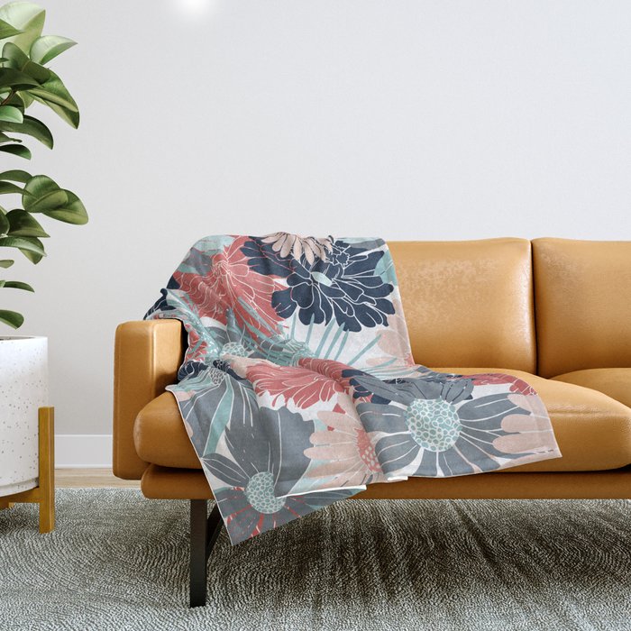 Summer Floral Garden, Coral, Teal and Blue Throw Blanket Gallery Image 1