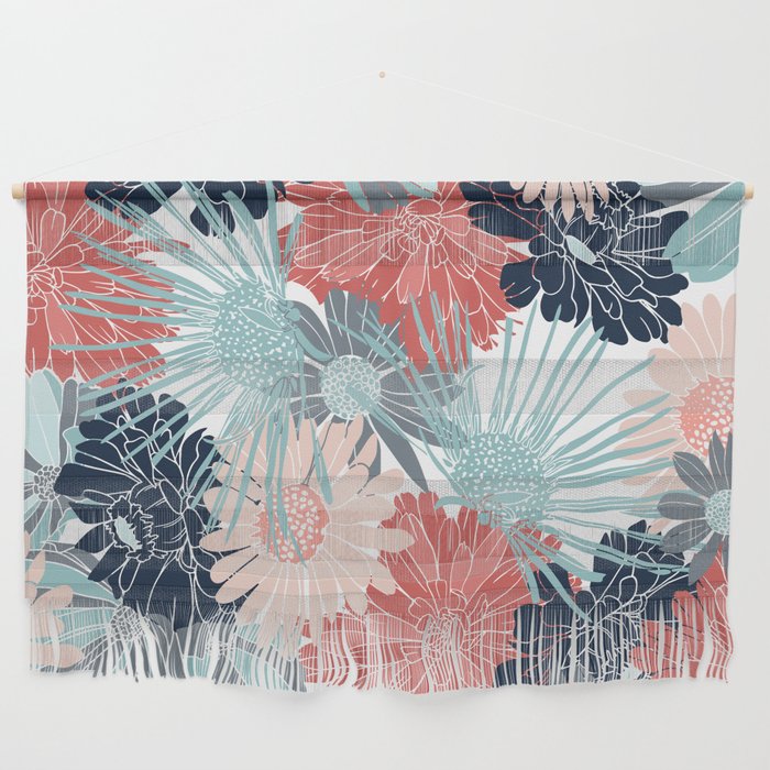 Summer Floral Garden, Coral, Teal and Blue Wall Hanging Gallery Image 1
