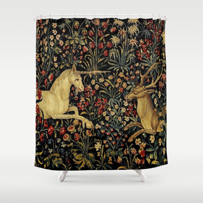 Medieval Unicorn Midnight Floral Garden Shower Curtain Gallery Image 1