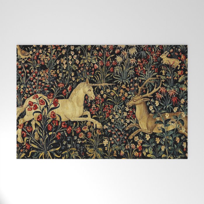 Medieval Unicorn Midnight Floral Garden Welcome Mat Gallery Image 1