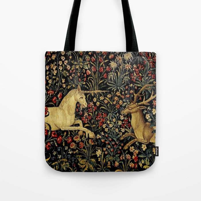 Medieval Unicorn Midnight Floral Garden Tote Bag Gallery Image 1