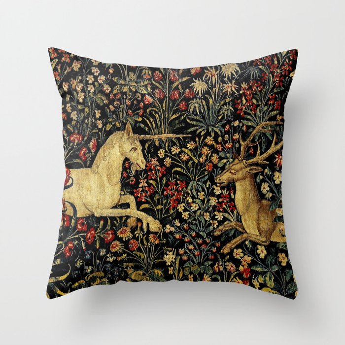 Medieval Unicorn Midnight Floral Garden Throw Pillow Gallery Image 6