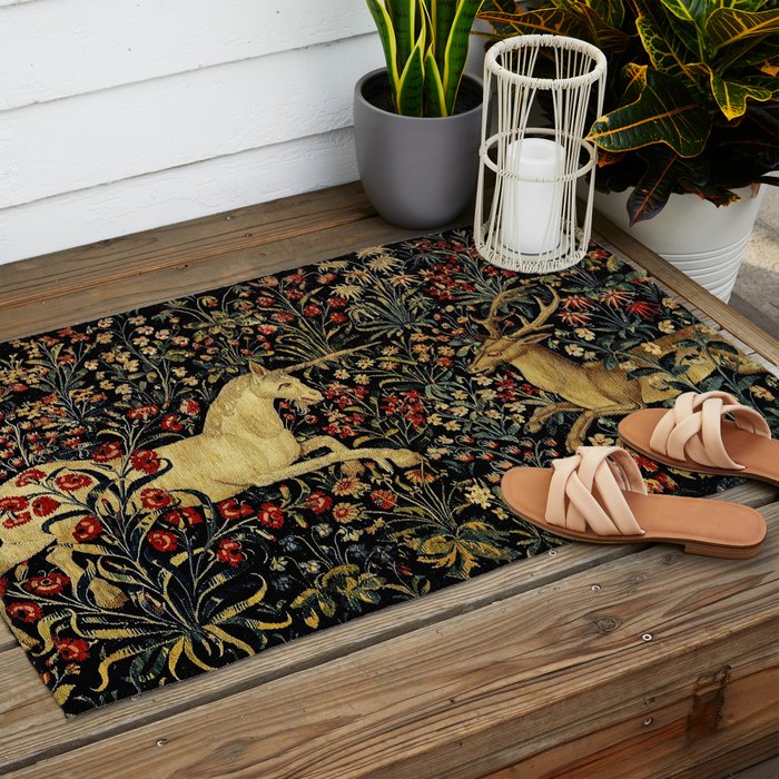 Medieval Unicorn Midnight Floral Garden Outdoor Rug Gallery Image 2