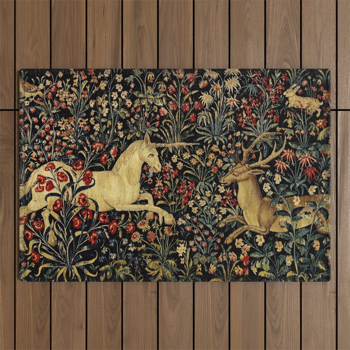 Medieval Unicorn Midnight Floral Garden Outdoor Rug Gallery Image 1