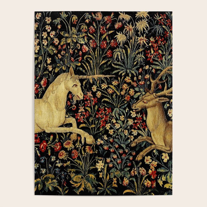 Medieval Unicorn Midnight Floral Garden Poster Gallery Image 1