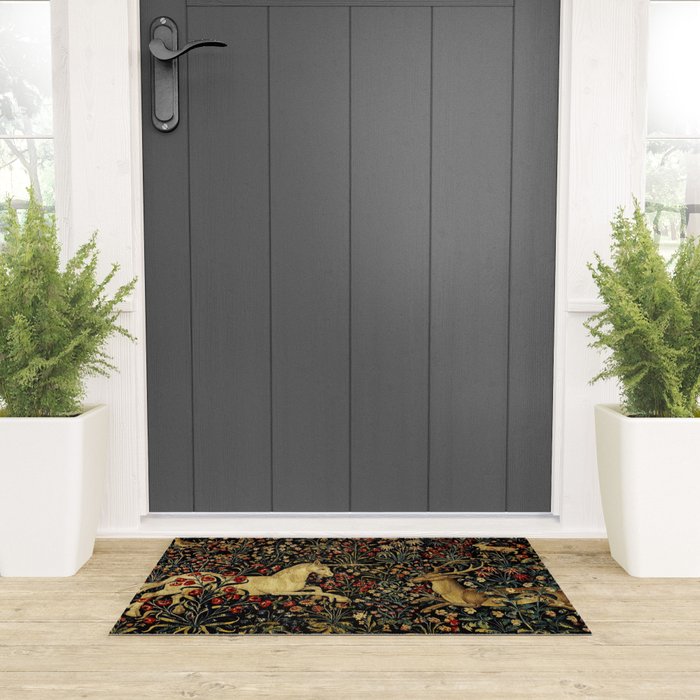 Medieval Unicorn Midnight Floral Garden Welcome Mat Gallery Image 3