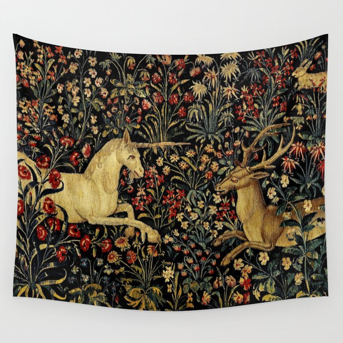 Medieval Unicorn Midnight Floral Garden Wall Tapestry Gallery Image 4