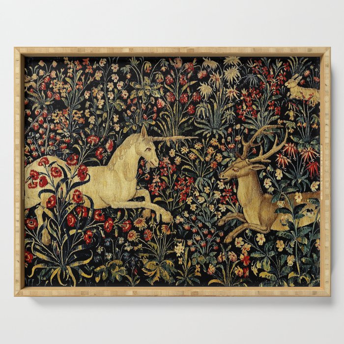 Medieval Unicorn Midnight Floral Garden Serving Tray Gallery Image 1