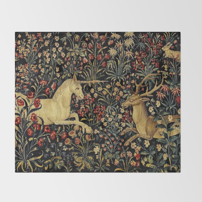 Medieval Unicorn Midnight Floral Garden Throw Blanket Gallery Image 2