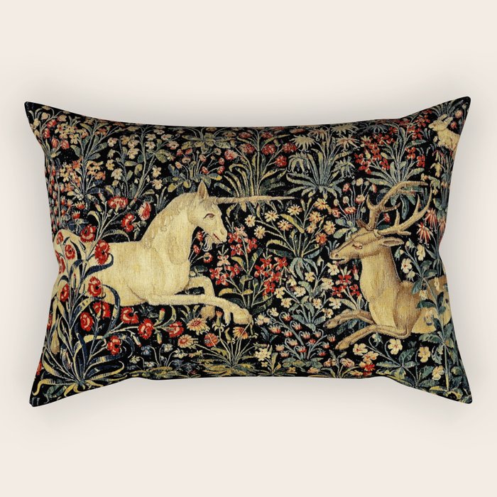 Medieval Unicorn Midnight Floral Garden Rectangular Pillow Gallery Image 1