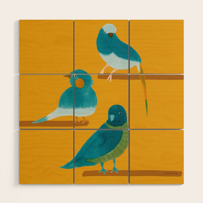 Three Friendly Birds - Turquoise and Yellow Wood Wall Art Gallery Image 1