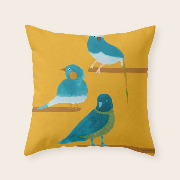 Three Friendly Birds - Turquoise and Yellow Throw Pillow Gallery Image 1