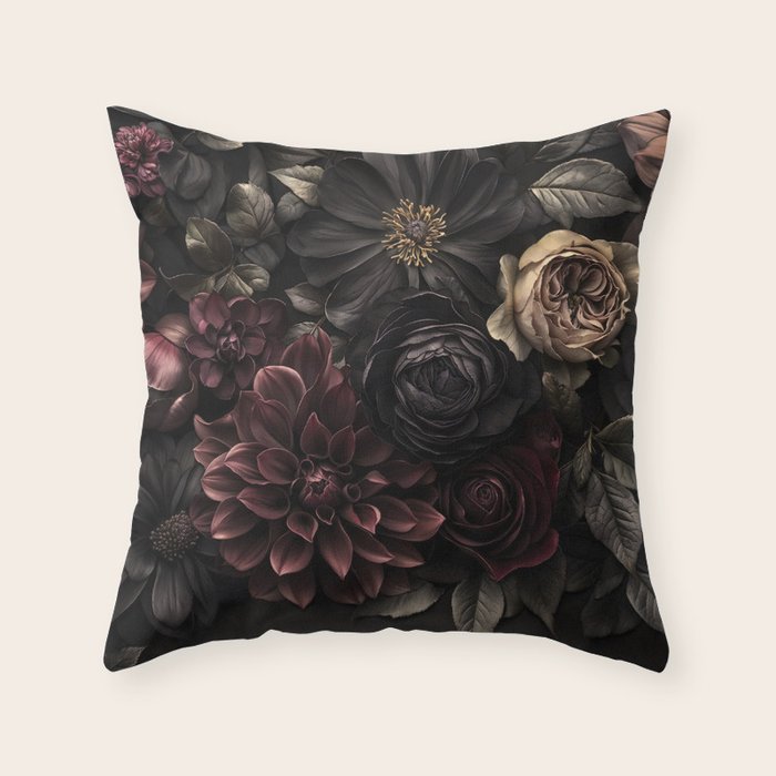 Nocturnal Botanica Moody Baroque Flowers Throw Pillow Gallery Image 6