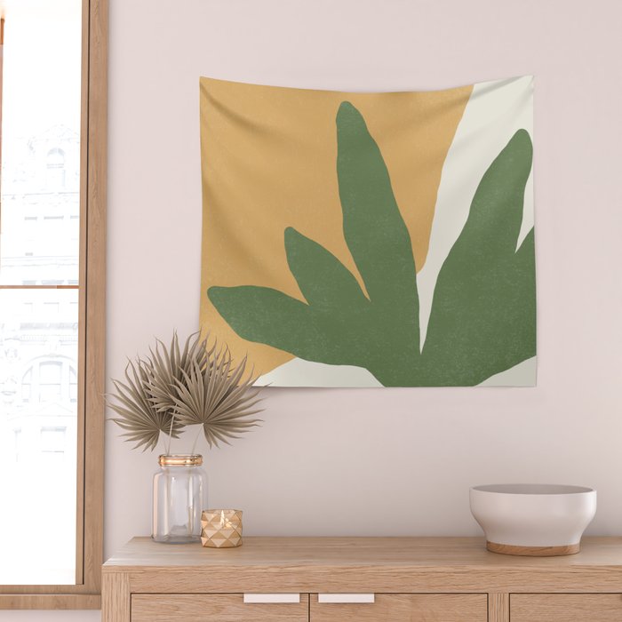 Leaves Minimalism - Green Gold Wall Tapestry Gallery Image 2